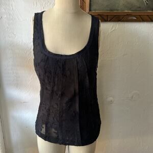 Tory Burch Silk Top Women Size 4 Floral Black Navy Tank Semi Sheer Chiffon